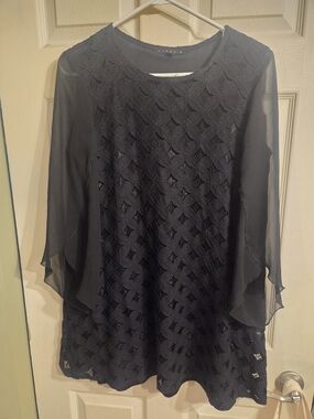 Black Lace Overlay Dress with Sheer Flutter Sleeves
